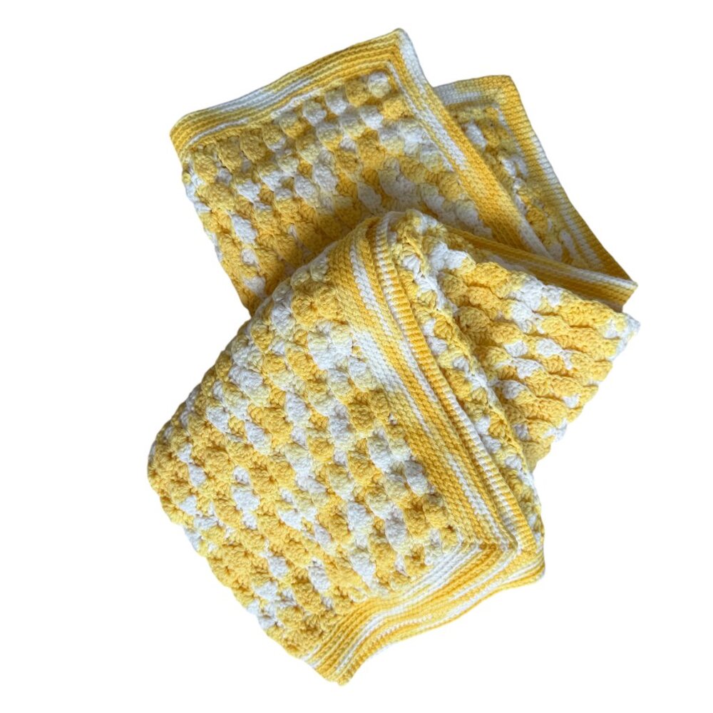 Crochet Baby Toddler Adult Blanket Throw Yellow White 42" X 48" Soft Neutral